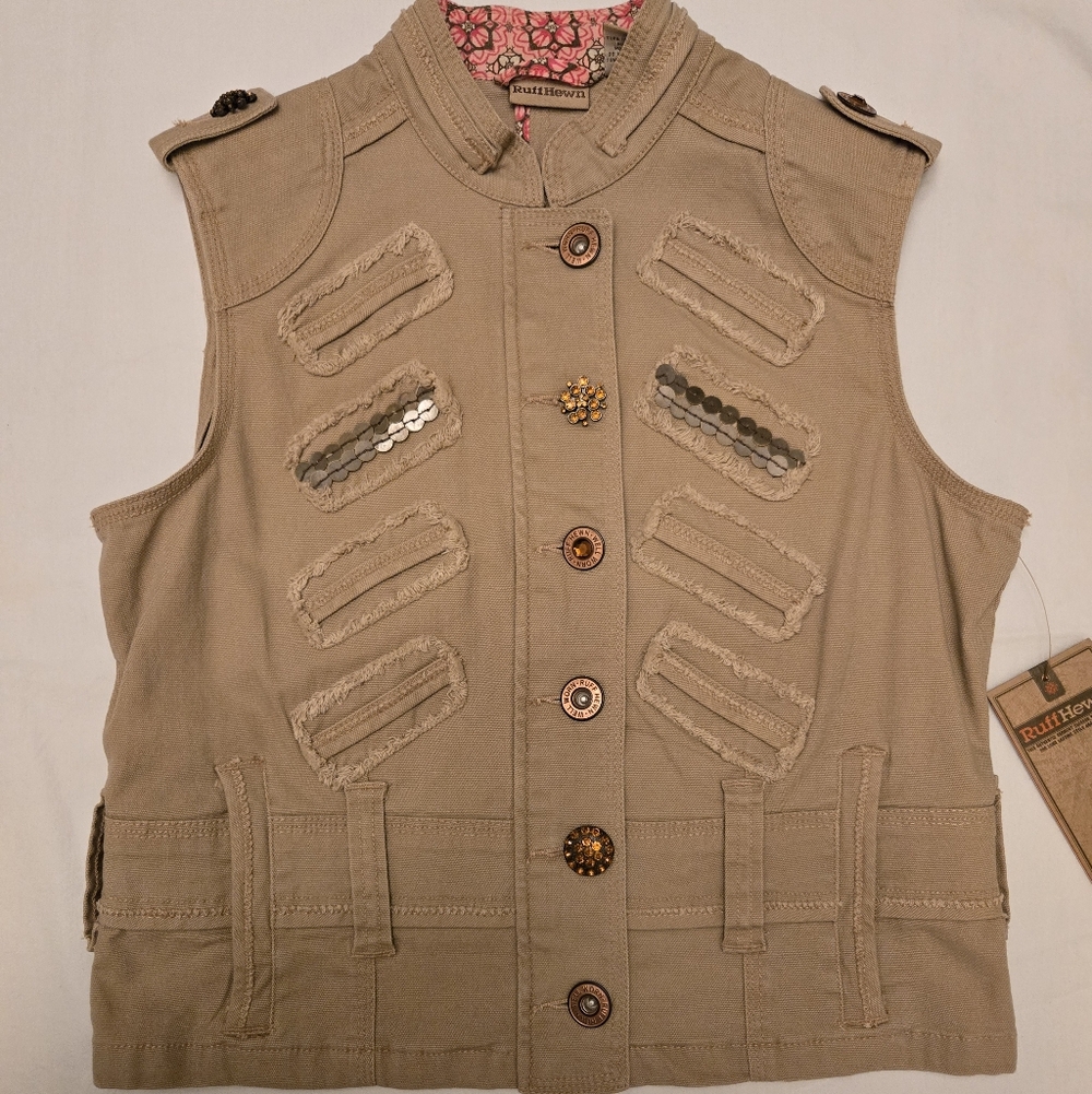 Ruff Hewn Military Style Khaki Vest with Button Accents